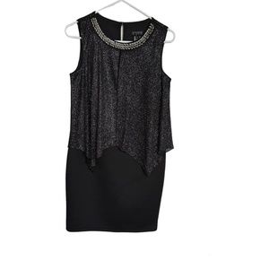 En Focus Studio Women's Glitter Sparkle Cape Covered Sleeveless Black Dress Sz 4